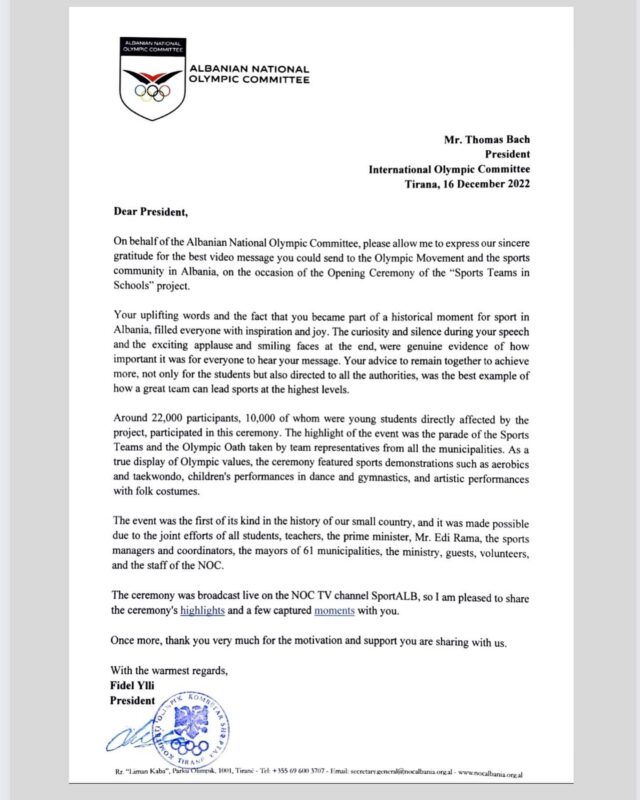 Presidenti i KOKSH i dërgon letër falenderimi presidentit të IOC
